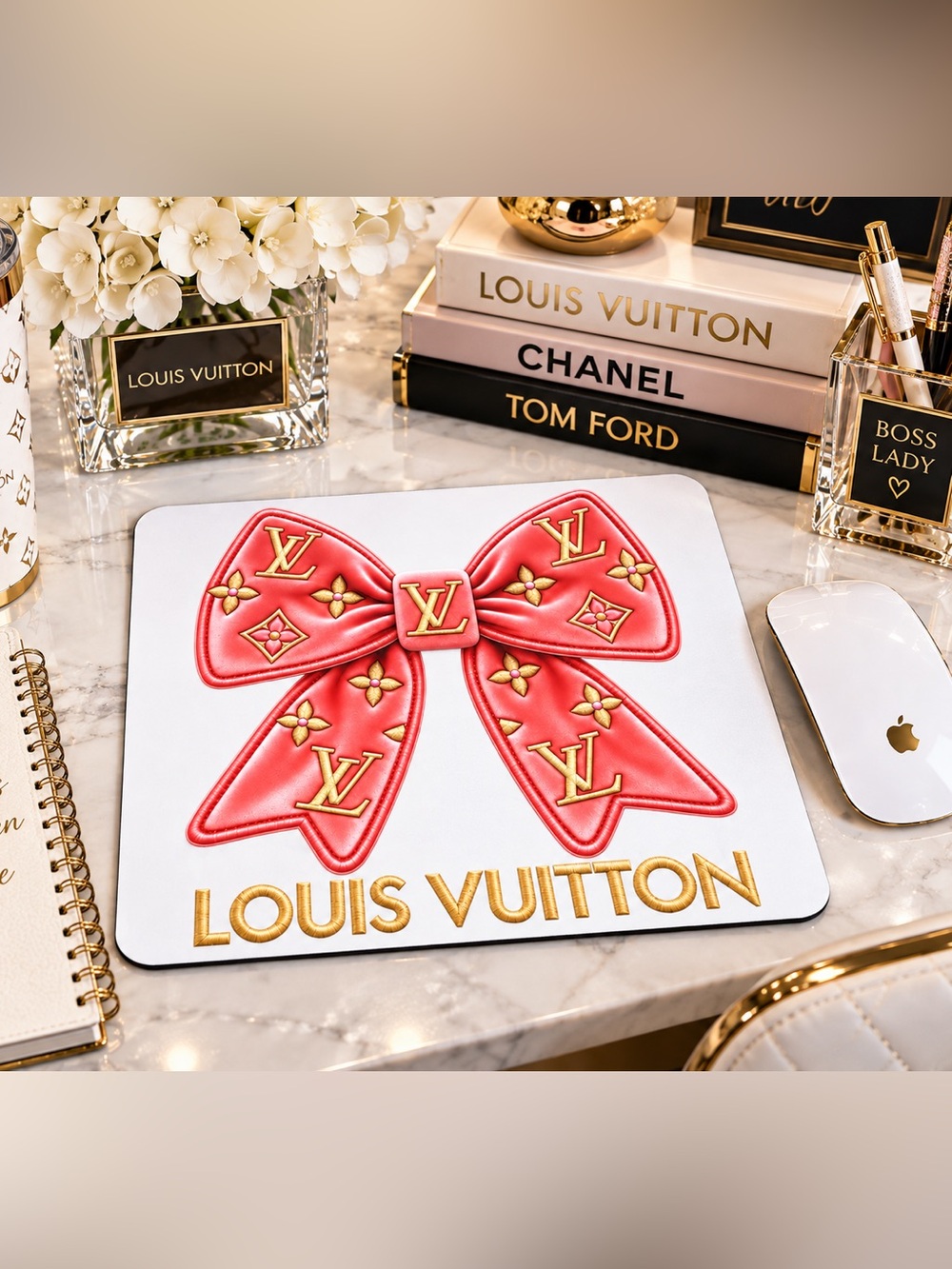 Pink Bow Mouse Pad with Gold Accents